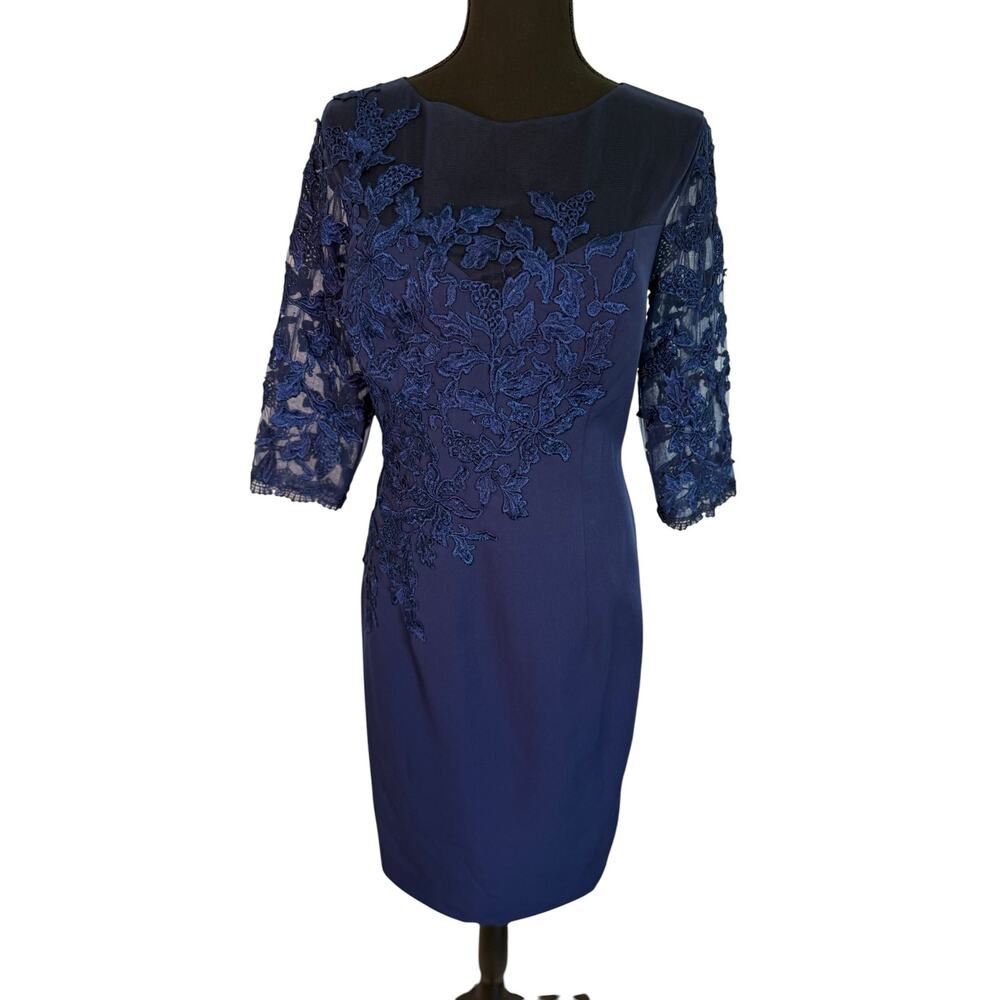 Women’s Navy Lace Sheath Dress 3/4 Sleeve Cocktail Wedding Guest Dress Size 8